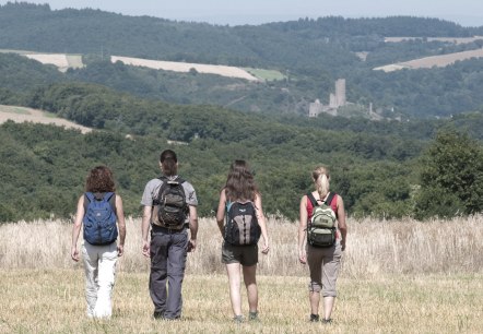 Vier Wanderer mit Rucks&auml;cken gehen &uuml;ber ein Feld. Im Hintergrund ist die Burgruine Monreal zu sehen, umgeben von bewaldeten H&uuml;geln., &copy; Traumpfade/Kappest