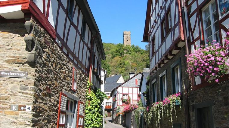 A picturesque alley with half-timbered houses and blooming flowers. In the background, a tower rises up on a hill.