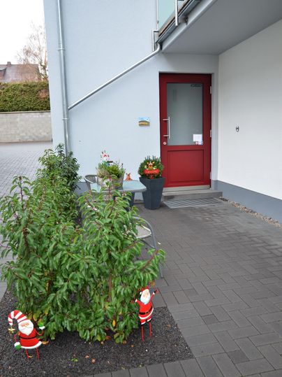 A house with a red door and a small entrance staircase. In the foreground are Christmas decorations and green plants.
