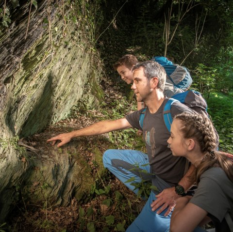 Drei Wanderer betrachten interessiert eine Felswand im Wald. Sie tragen Rucksäcke und sind von üppigem Grün umgeben., © kappest_remet