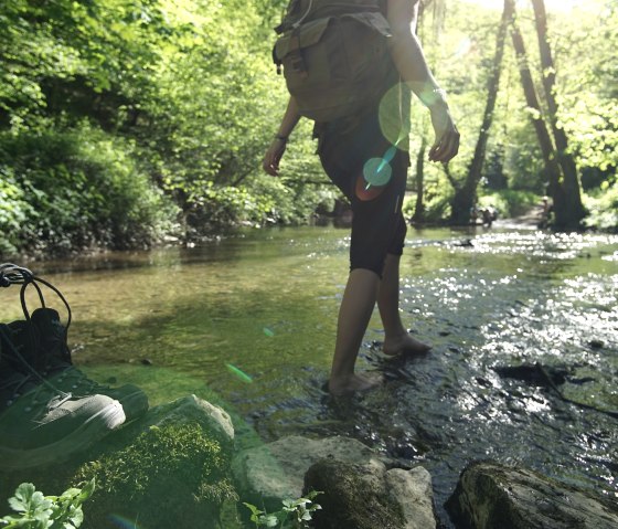 A person wades barefoot through a shallow stream in the forest. Hiking boots lie on the bank. Sunlight falls through the trees., &copy; Laura Rinneburger