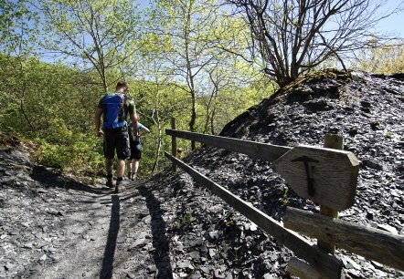 Zwei Wanderer auf einem schmalen Pfad in einer Schieferlandschaft, umgeben von gr&uuml;nen B&auml;umen und blauem Himmel. Ein Holzschild zeigt den Weg., &copy; Laura Rinneburger