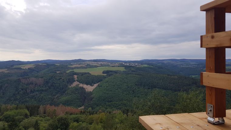 Eine weite Landschaft mit Hügeln und Wäldern unter einem bewölkten Himmel. Im Vordergrund ist ein Holzgeländer sichtbar.