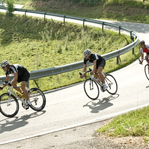 Ein Gruppe Rennradfahrer bei einer Talfahrt in der Eifel