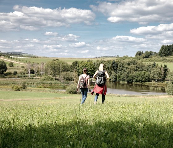 Zwei Wanderer auf einer grünen Wiese, im Hintergrund ein See und bewaldete Hügel unter blauem Himmel mit Wolken., © Vulkanpark, Martin Christ