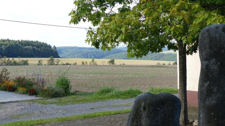 Eine weite Landschaft mit einem Feld und sanften Hügeln im Hintergrund. Ein Baum und einige Steine sind im Vordergrund zu sehen.