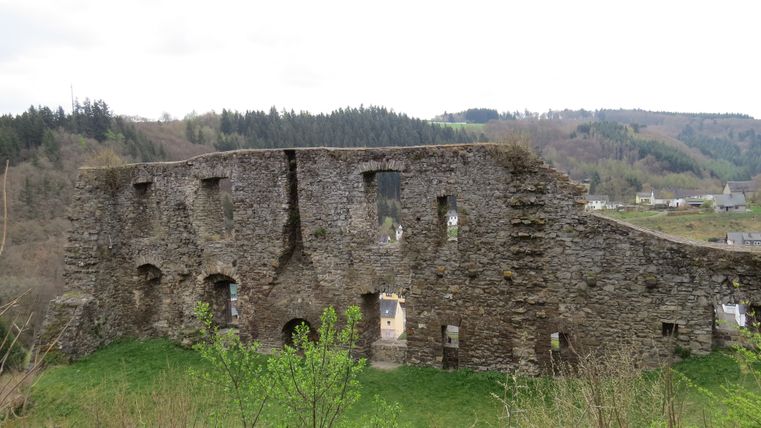 Ruine der Burg Virneburg mit bewaldeten Hügeln im Hintergrund.