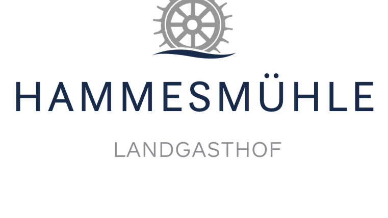 Ein Logo des Landgasthofs Hammesmühle mit einem Steuerrad und Wellenmotiv. Die Schrift ist klar und modern gestaltet.