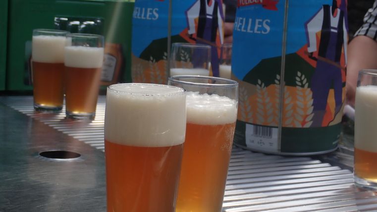 Glasses of freshly tapped beer are on a table. In the background, beer kegs are visible.
