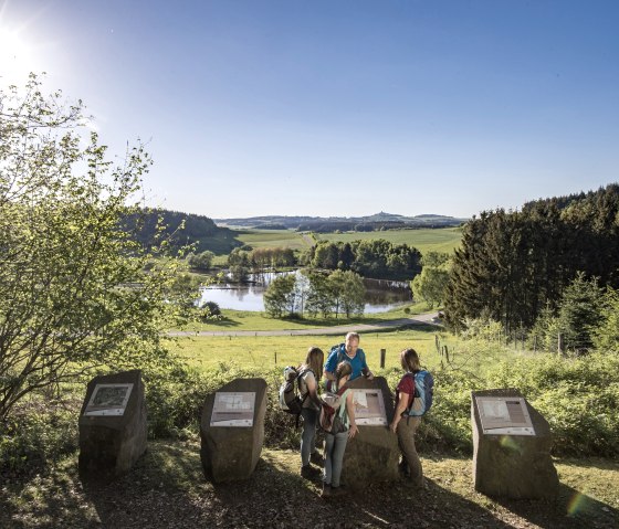 Vier Wanderer betrachten Informationstafeln am Maarkessel Boos. Im Hintergrund eine malerische Landschaft mit See und Wäldern unter blauem Himmel., © REMET, Kappest