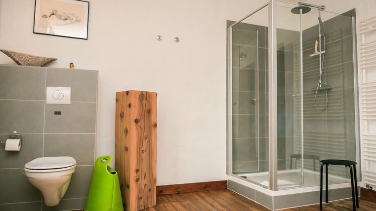 A modern bathroom with a shower and a toilet. The floor is made of wood, and there is a green storage unit as well as a decorative picture on the wall.