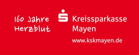 A red banner with the text "160 years of passion" and the logo of the Kreissparkasse Mayen. Below is the website www.kskmayen.de.