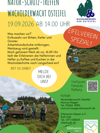 A poster for a nature conservation meeting of the Juniper Watch Osteifel. It provides information about the event on 13.09.2025 and invites participation, with details about the event and contact information.