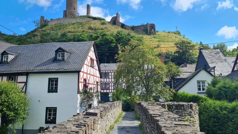 Blick auf die Löwenburg in Monreal, umgeben von Fachwerkhäusern und einer alten Steinmauer.