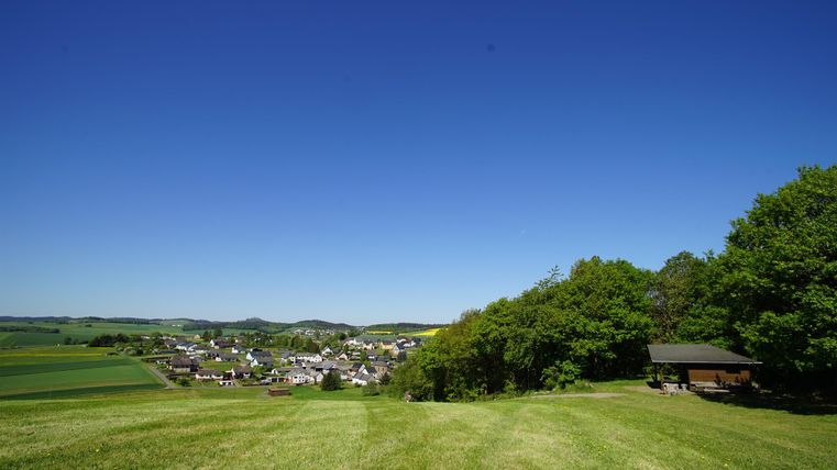 Eine weitläufige Landschaft mit grünem Wiesenfeld und einem klaren blauen Himmel. Im Hintergrund ist ein malerisches Dorf zu sehen, umgeben von Bäumen.
