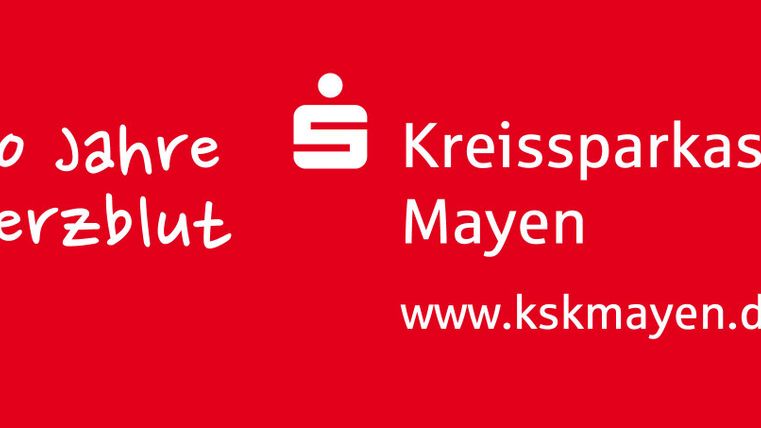 Ein rotes Banner mit dem Text "160 Jahre Herzblut" und dem Logo der Kreissparkasse Mayen. Unten steht die Website www.kskmayen.de.