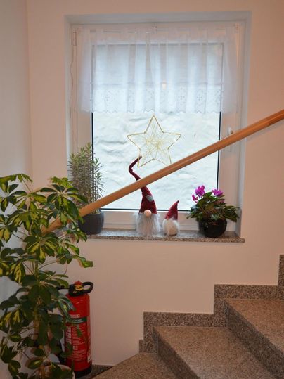 A cozy staircase with a window. On the windowsill, there are plants, Christmas decorations, and a fire extinguisher.