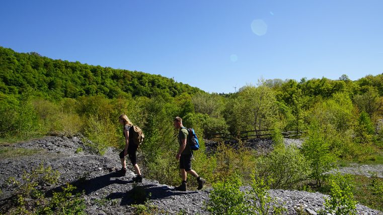 Zwei Personen wandern durch eine grüne Landschaft mit Schieferboden und Bäumen unter einem klaren blauen Himmel.