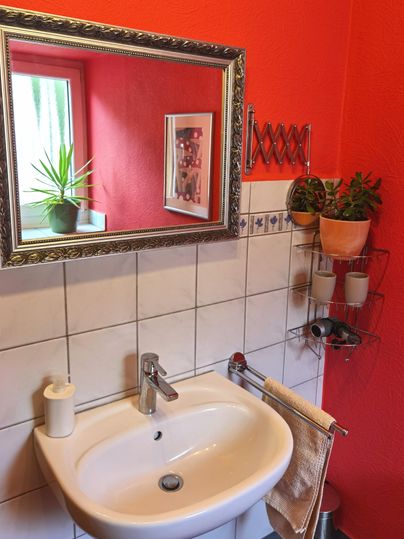Ein helles Badezimmer mit einer roten Wand. Es gibt ein Waschbecken, einen Spiegel und einige Pflanzen in Töpfen.