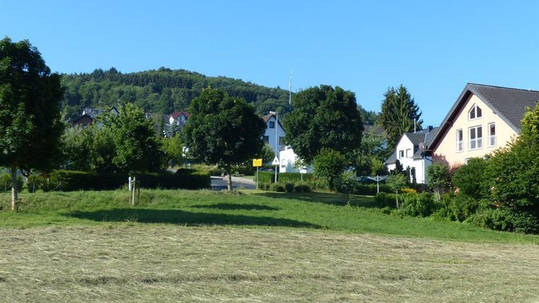 A quiet rural landscape with green meadows and a few houses. In the background, trees and gentle hills can be seen.