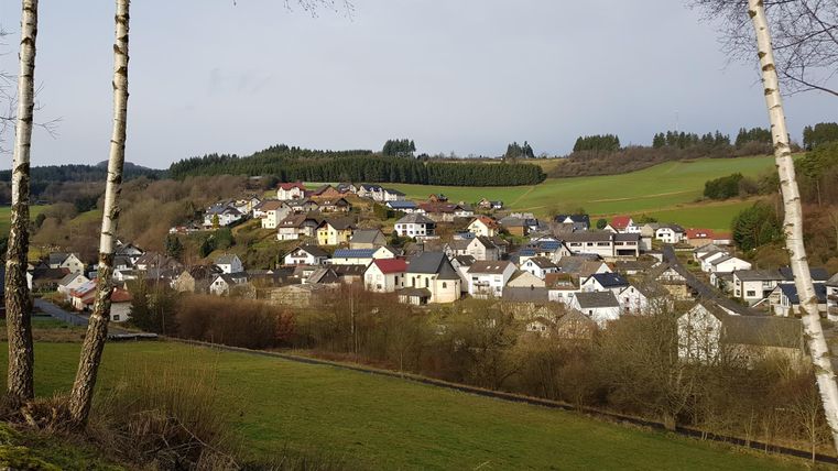 Eine malerische ländliche Landschaft mit einem kleinen Dorf auf einem Hügel. Umgeben von Wiesen und Bäumen, strahlt die Szenerie Ruhe aus.