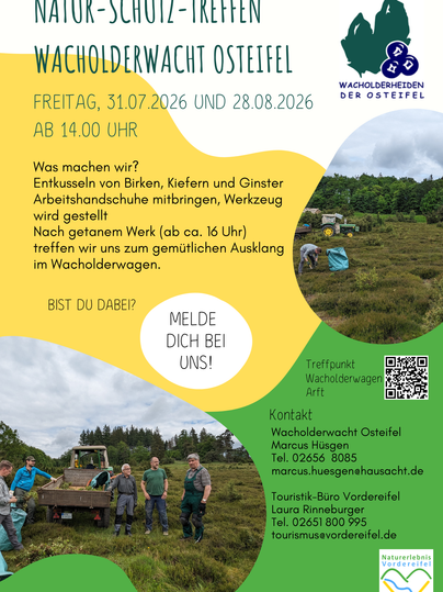 Ein Plakat für das Natur-Schutz-Treffen der Wacholderwacht Ost-eifel. Die Veranstaltung findet am 26. September und 31. Oktober 2025 statt und lädt zur Teilnahme und Mitarbeit im Freien ein.