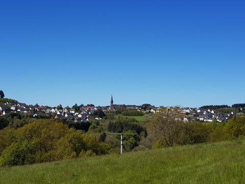 Eine malerische Landschaft mit einem Dorf im Hintergrund und einer klaren, blauen Himmel. Im Vordergrund sind grüne Wiesen und Bäume zu sehen.