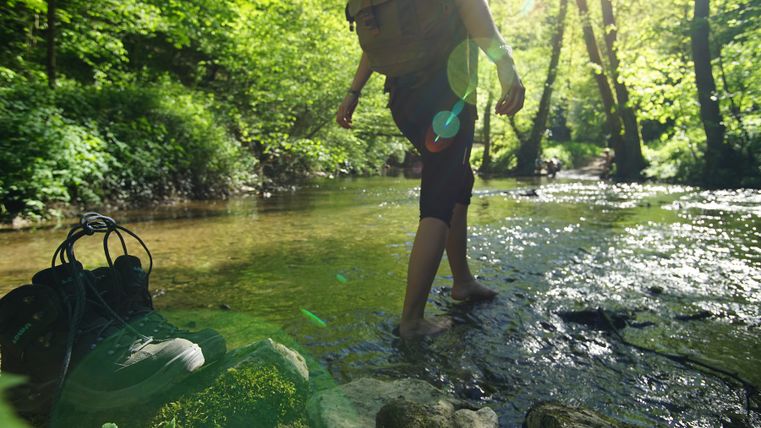 Person watet barfuß durch einen flachen Bach in einem Wald, mit Wanderschuhen am Ufer.