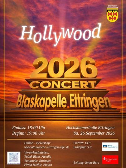 A colorful fireworks display against an evening sky. Invitation to the New Year's concert of the brass band Ettlingen Eifel on January 12, 2025, at St. Cyriakus Church in Mendig.