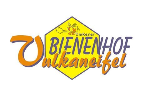 A logo of the beekeeping company Bienenhof Ulkaneifels. It features a bee and the word "Beekeeping" in a hexagonal design.