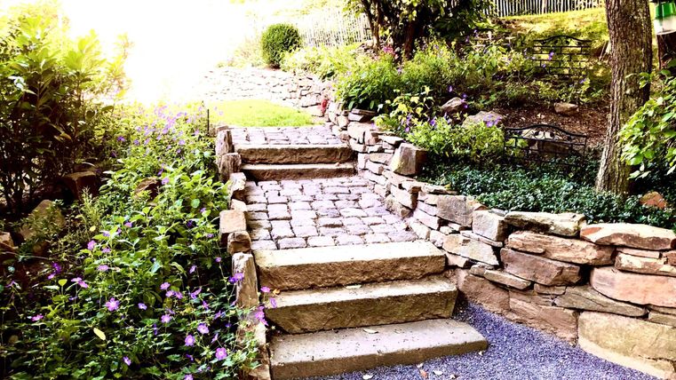A cozy garden path with stone steps and lush greenery. Various plants bloom along the path.