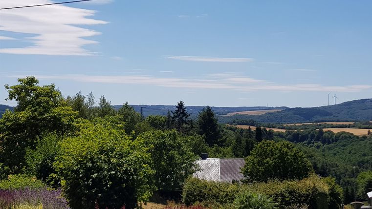 Eine malerische Landschaft mit grünen Bäumen und bunten Sträuchern. Im Hintergrund sind sanfte Hügel und ein blauer Himmel zu sehen.