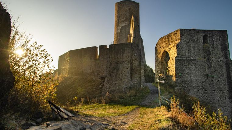 Eine alte Burgruine mit einem hohen Turm und zerfallenen Mauern. Die Szene wird von warmem Sonnenlicht beleuchtet.