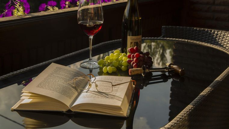 Ein offenes Buch liegt auf einem Tisch, daneben ein Glas Rotwein und eine Flasche Wein. Frische Trauben und eine Lesebrille ergänzen die entspannte Atmosphäre.