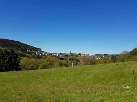 A green meadow with gentle hills and a clear blue sky. In the background, a few small houses and trees can be seen.