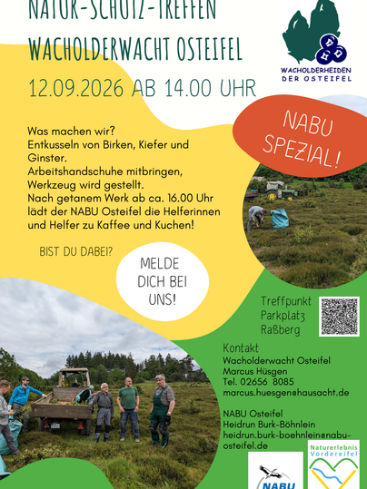 An invitation poster for a nature conservation meeting of the Juniper Watch East Eifel. The meeting will take place on October 18, 2025, and includes activities for the protection of trees and nature.