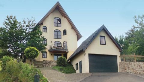 A large, modern villa with a sloping roof and several windows. In front of the house, there is a well-maintained garden and a garage.