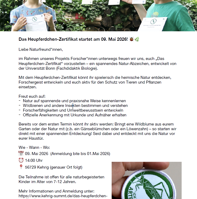 Plakat Heupferdchen-Zertifikat, &copy; Iris Fuhrmann - Kehrig summt!