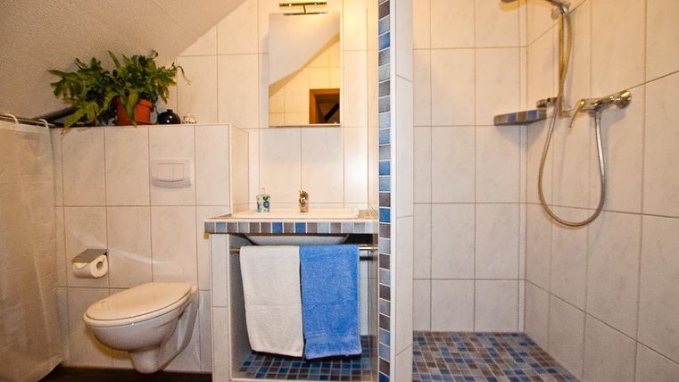 Ein modernes Badezimmer mit einer Dusche, einem Waschbecken und einer Toilette. Pflanzen und Handtücher verleihen dem Raum eine einladende Atmosphäre.