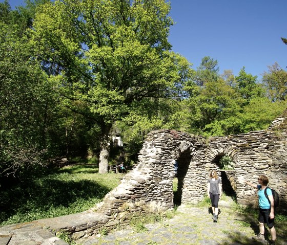 Zwei Personen erkunden die Klosterruine M&auml;dburg bei Kehrig. Die Ruinen sind von &uuml;ppigem Gr&uuml;n und einem klaren blauen Himmel umgeben., &copy; Laura Rinneburger