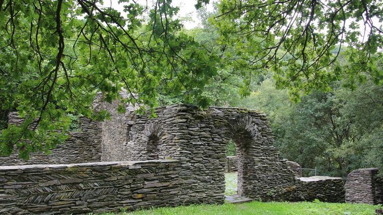 Eine alte Steinruine umgeben von Bäumen und grünem Gras. Der Ort strahlt eine ruhige und historische Atmosphäre aus.
