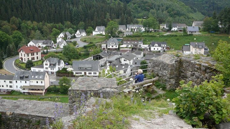 Ein malerischer Blick auf ein kleines Dorf im Grünen. Die umliegenden Wälder und sanften Hügel schaffen eine ruhige Atmosphäre.