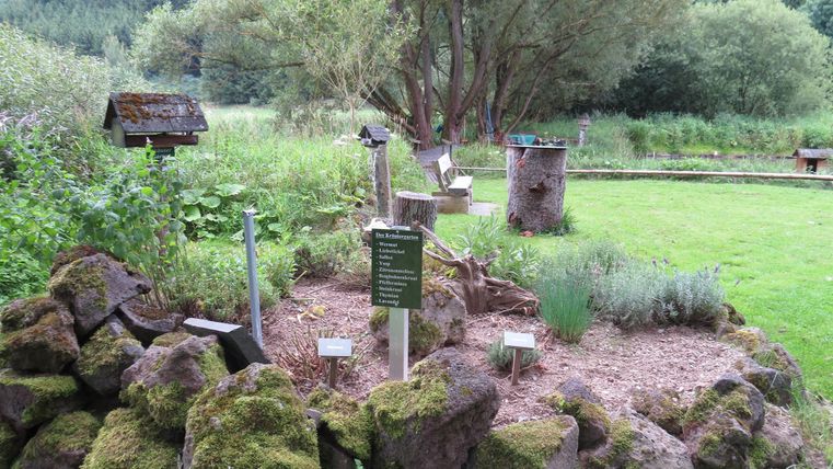 Ein schöner Garten mit Steinen und Pflanzen. Im Hintergrund sieht man Bäume und Vogelhäuser.