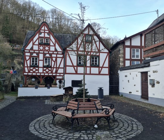 Fachwerkh&auml;user mit rotem Holzrahmen, ein Baum in der Mitte eines gepflasterten Platzes mit B&auml;nken, umgeben von Natur., &copy; Svenja Schulze-Entrup