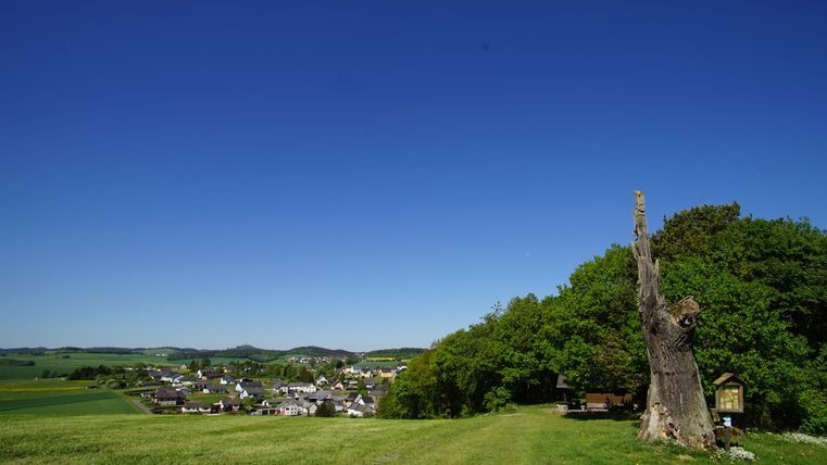 Eine idyllische Landschaft mit einem kleinen Dorf und einem klaren blauen Himmel. Im Vordergrund steht ein alter Baum und üppiges Grün.