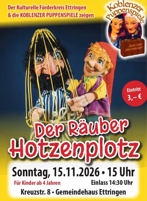 Ein Plakat für ein Puppenspiel mit dem Titel "Findus und der Hahn im Korb". Es zeigt einen bunten Handpuppen und informiert über die Veranstaltung am 17.11.2024 im Gemeindehaus Ettringen.