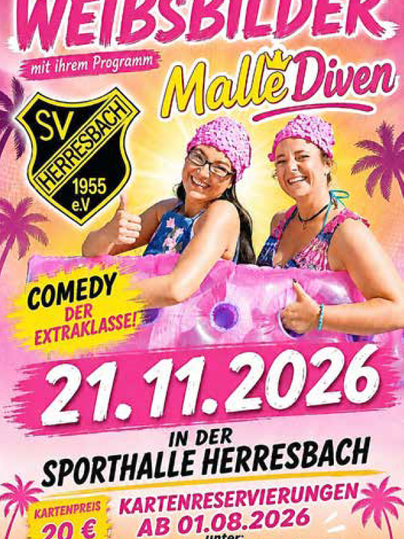 A colorful promotional poster for a comedy show titled "Malle Diven." It features two smiling women in swimwear and other colorful accessories.