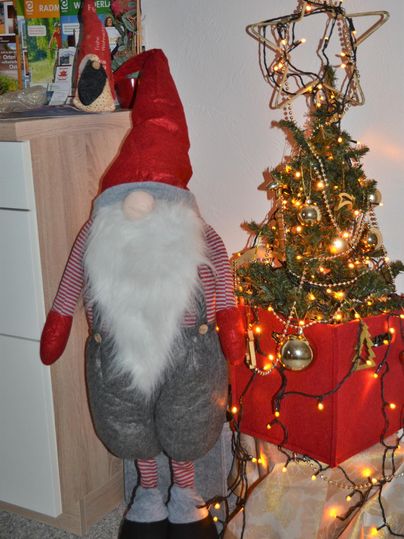 A cheerful Christmas elf with a red hat stands next to a decorated Christmas tree. The tree is adorned with lights and golden baubles.