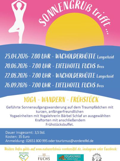 An event notice for the "Sonnenengrub meets..." series featuring yoga, hiking, and breakfast. The dates and details are arranged in vibrant colors on a poster.