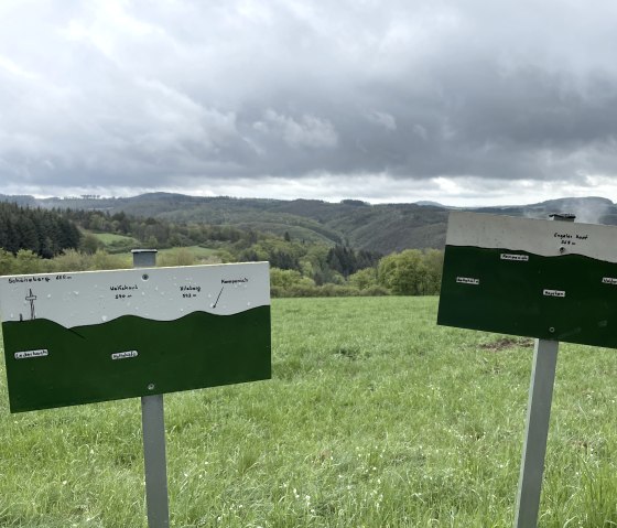 Zwei Schilder auf einer gr&uuml;nen Wiese zeigen Bergnamen und H&ouml;hen in der Eifel. Im Hintergrund bewaldete H&uuml;gel und ein bew&ouml;lkter Himmel., &copy; Eifel Tourismus GmbH